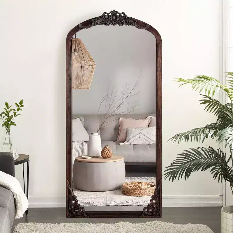 PexFix 21 in. W x 64 in. H Rustic Arched Solid Wood Framed DIY Carved Full Length Mirror in Charcoal
