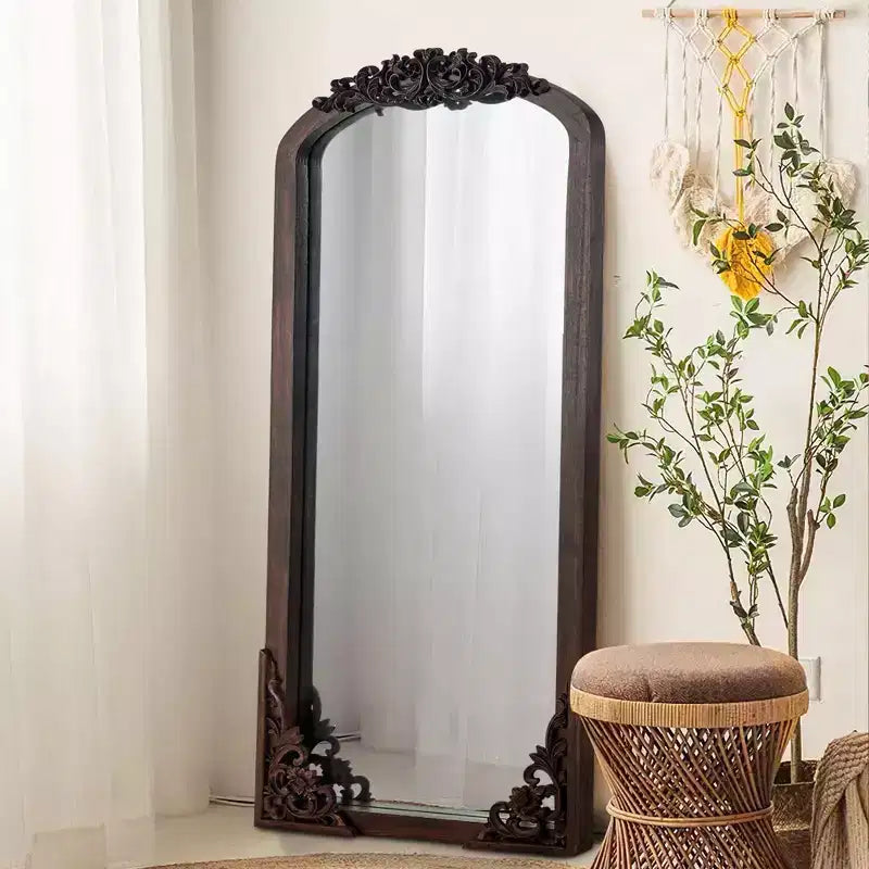 PexFix 21 in. W x 64 in. H Rustic Arched Solid Wood Framed DIY Carved Full Length Mirror in Charcoal