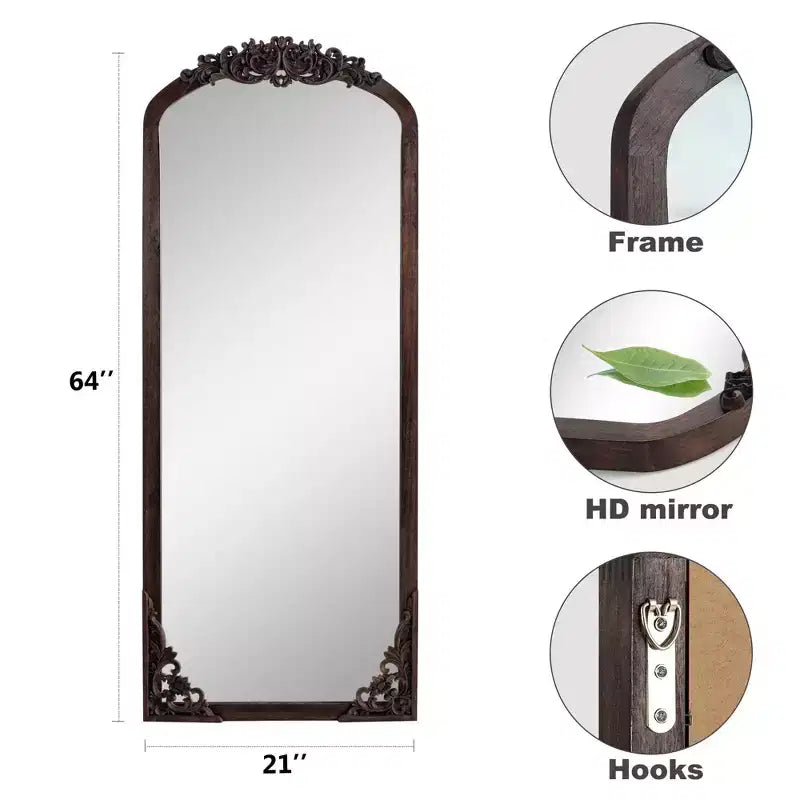 PexFix 21 in. W x 64 in. H Rustic Arched Solid Wood Framed DIY Carved Full Length Mirror in Charcoal
