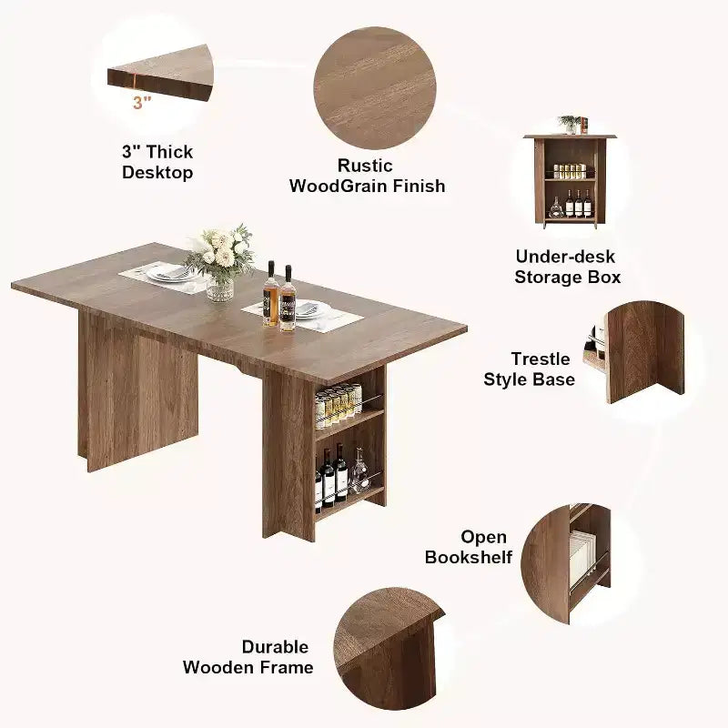 Table de salle à manger de ferme de 63 pouces, table de cuisine en bois avec rangement latéral, 4 à 6 places, pour salle à manger/bureau à domicile