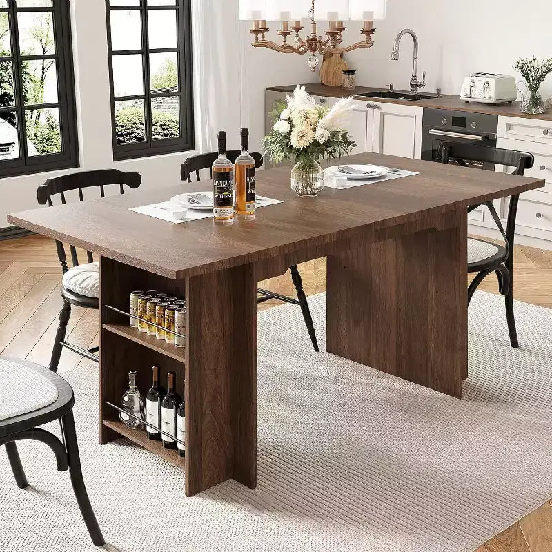 Table de salle à manger de ferme de 63 pouces, table de cuisine en bois avec rangement latéral, 4 à 6 places, pour salle à manger/bureau à domicile