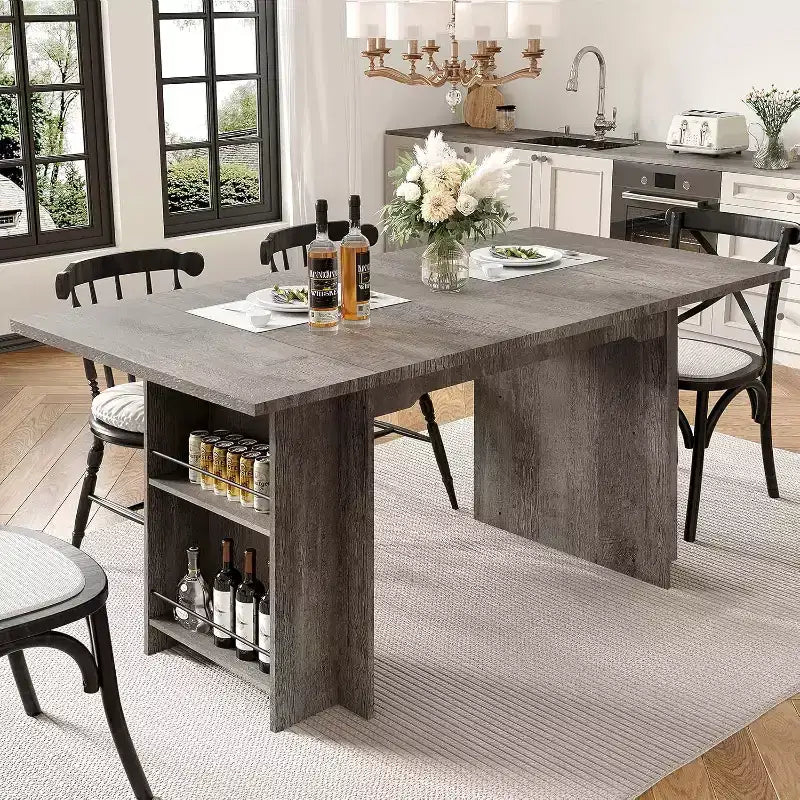 Table de salle à manger de ferme de 63 pouces, table de cuisine en bois avec rangement latéral, 4 à 6 places, pour salle à manger/bureau à domicile