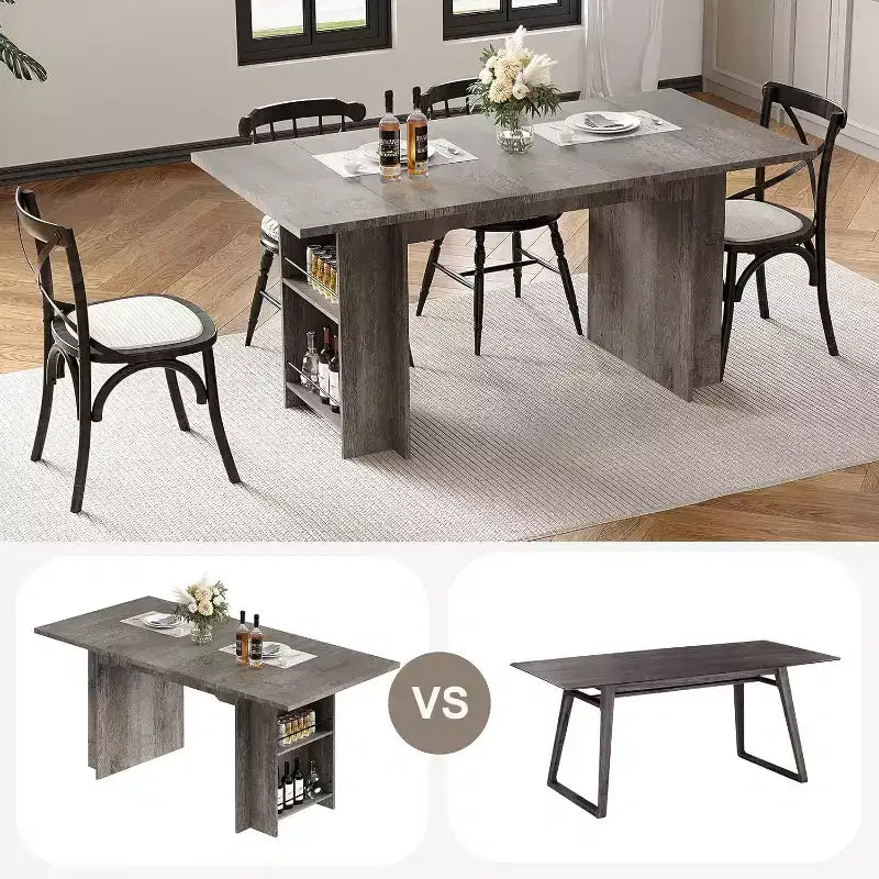 Table de salle à manger de ferme de 63 pouces, table de cuisine en bois avec rangement latéral, 4 à 6 places, pour salle à manger/bureau à domicile