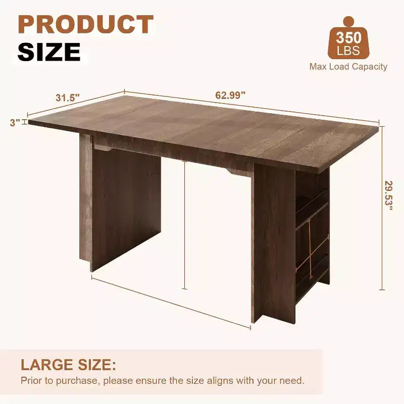 Table de salle à manger de ferme de 63 pouces, table de cuisine en bois avec rangement latéral, 4 à 6 places, pour salle à manger/bureau à domicile