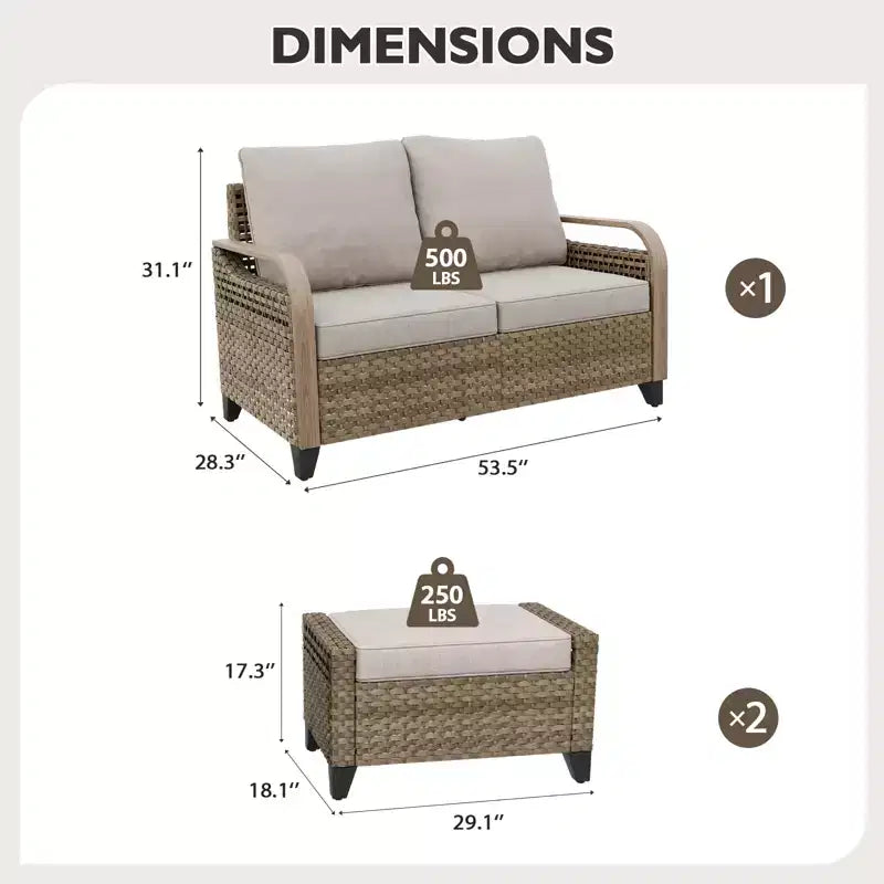 Outdoor Rattan Furniture Set Patio Seating Set Patio Loveseat with Ottoman