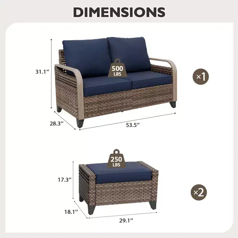 Outdoor Rattan Furniture Set Patio Seating Set Patio Loveseat with Ottoman