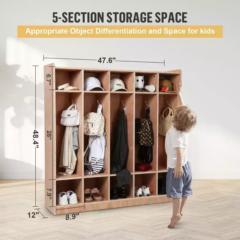 5-Section School Storage Locker Cabinet,Classroom Cubbies for Storage, Toddler Size Wood Lockers for Kindergarten, Home, School