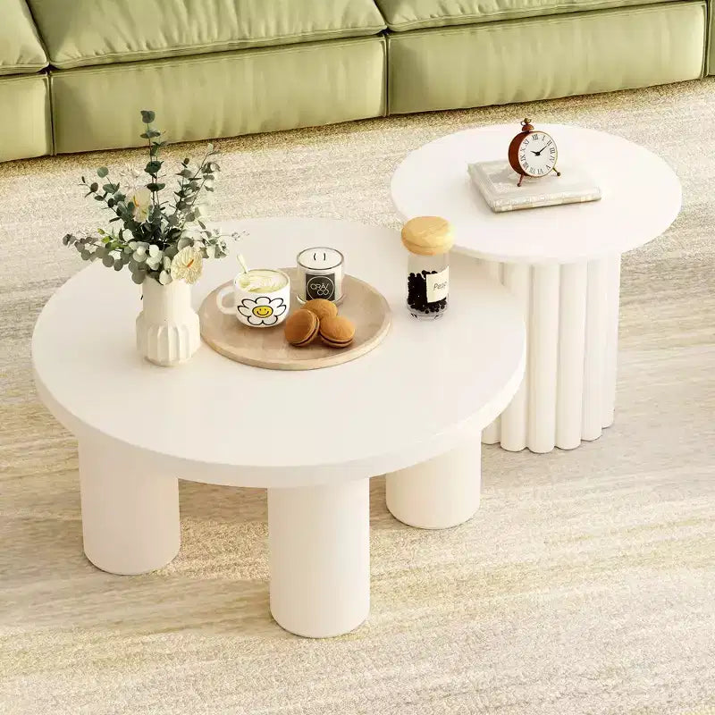 Okak Modern Coffee Table Set of 2, Sculptural Roman Column Base & Glass Top Side End Table, Irregular Center Table for Living Room