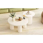Okak Modern Coffee Table Set of 2, Sculptural Roman Column Base & Glass Top Side End Table, Irregular Center Table for Living Room