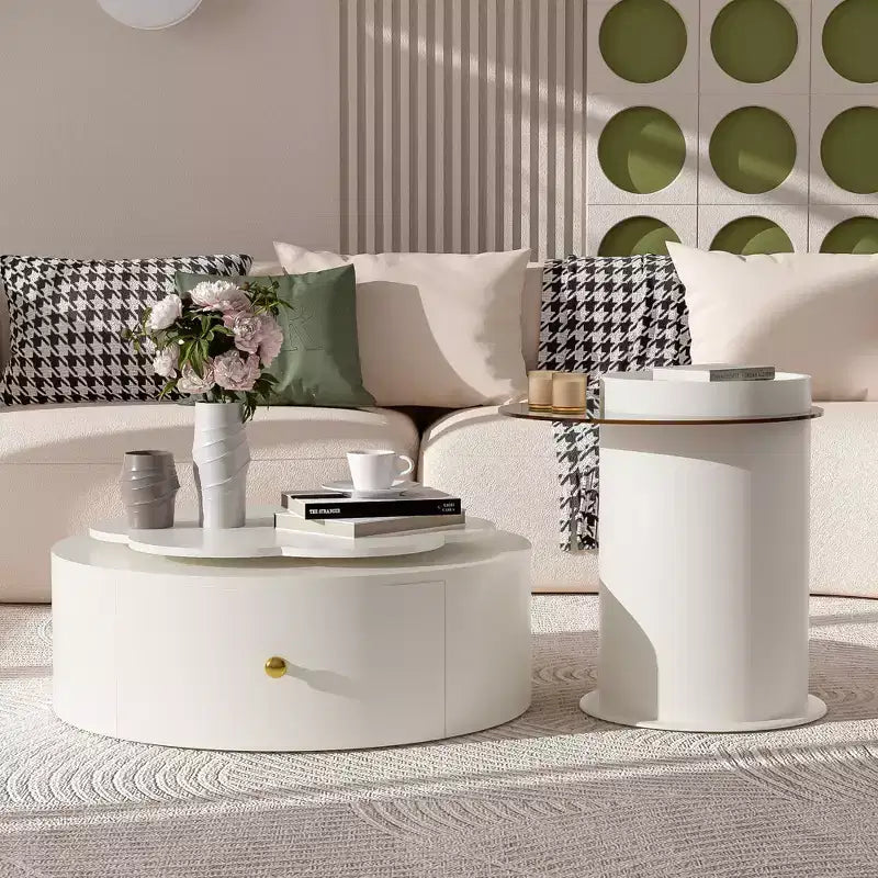Okak Modern Coffee Table Set of 2, Sculptural Roman Column Base & Glass Top Side End Table, Irregular Center Table for Living Room