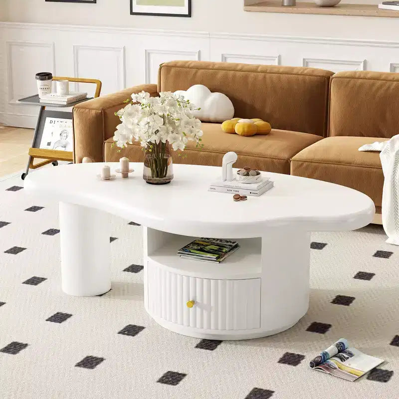 Okak – Ensemble de 3 tables basses modernes Nuage, Table centrale de forme irrégulière avec 2 tiroirs et 2 petits tabourets, Duo de salon coordonné