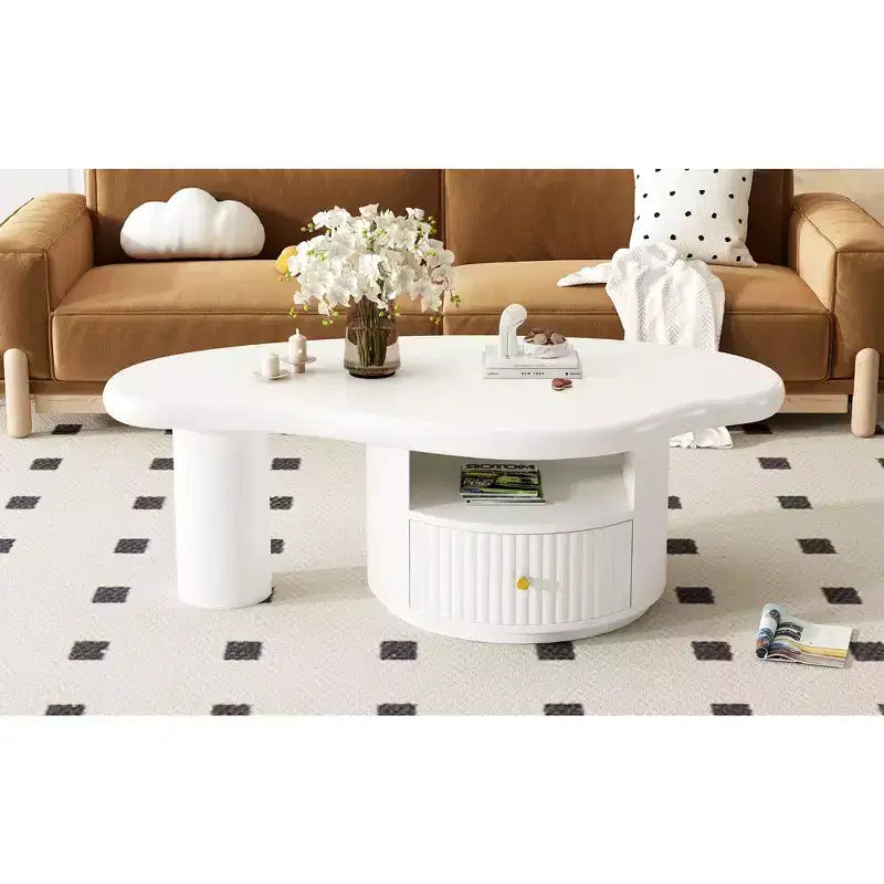 Okak – Ensemble de 3 tables basses modernes Nuage, Table centrale de forme irrégulière avec 2 tiroirs et 2 petits tabourets, Duo de salon coordonné