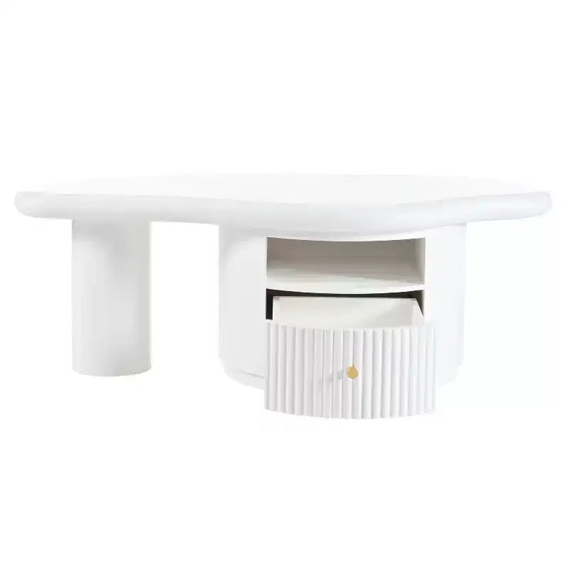 Okak – Ensemble de 3 tables basses modernes Nuage, Table centrale de forme irrégulière avec 2 tiroirs et 2 petits tabourets, Duo de salon coordonné
