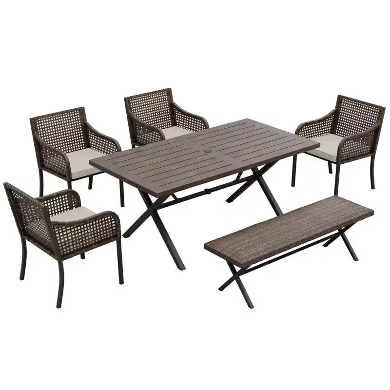 EAGLE PEAK Sienna Bay 6PCS Patio Wicker Dining Set w/ Soft Cushions Umbrella Hole