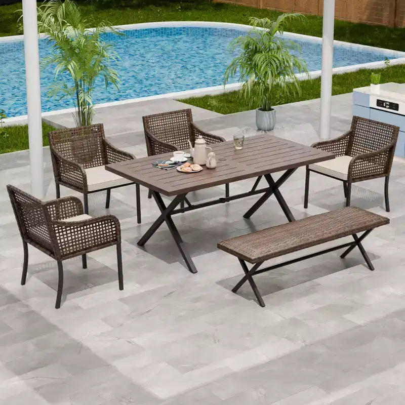 EAGLE PEAK Sienna Bay 6PCS Patio Wicker Dining Set w/ Soft Cushions Umbrella Hole