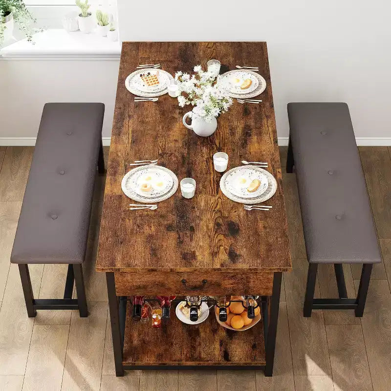 Dining Table Set with Storage Drawers and Wine Rack, Upholstered Bench Seating, Stylish Kitchen and Dining Room Furniture for Family Meals