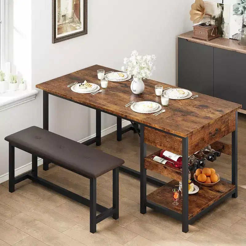 Dining Table Set with Storage Drawers and Wine Rack, Upholstered Bench Seating, Stylish Kitchen and Dining Room Furniture for Family Meals