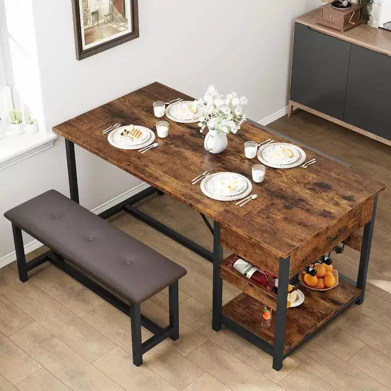 Dining Table Set with Storage Drawers and Wine Rack, Upholstered Bench Seating, Stylish Kitchen and Dining Room Furniture for Family Meals