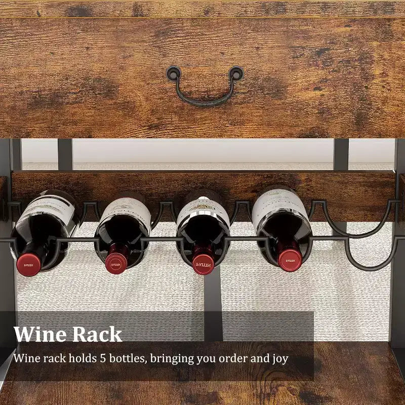 Dining Table Set with Storage Drawers and Wine Rack, Upholstered Bench Seating, Stylish Kitchen and Dining Room Furniture for Family Meals