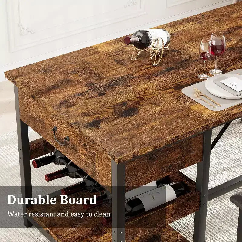 Dining Table Set with Storage Drawers and Wine Rack, Upholstered Bench Seating, Stylish Kitchen and Dining Room Furniture for Family Meals