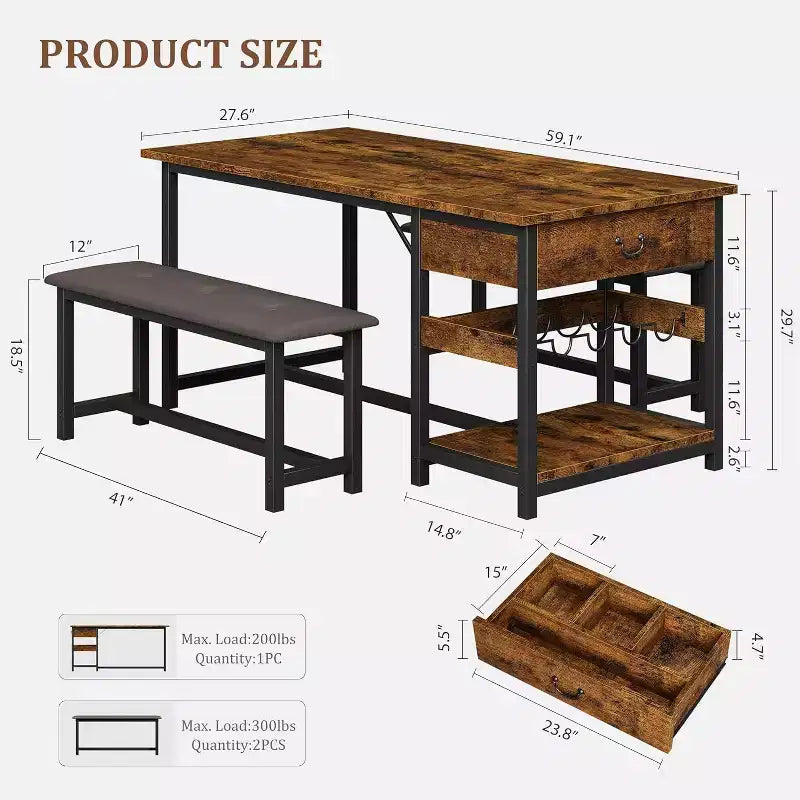 Dining Table Set with Storage Drawers and Wine Rack, Upholstered Bench Seating, Stylish Kitchen and Dining Room Furniture for Family Meals