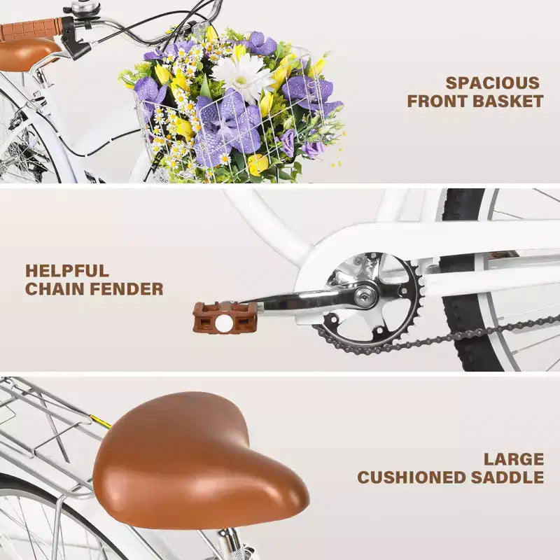 hykolity Vélo de plage 26 pouces, vélo de ville, vélo de navette pour femme adulte de 152 à 183 cm, panier avant, porte-bagages arrière, blanc pâle