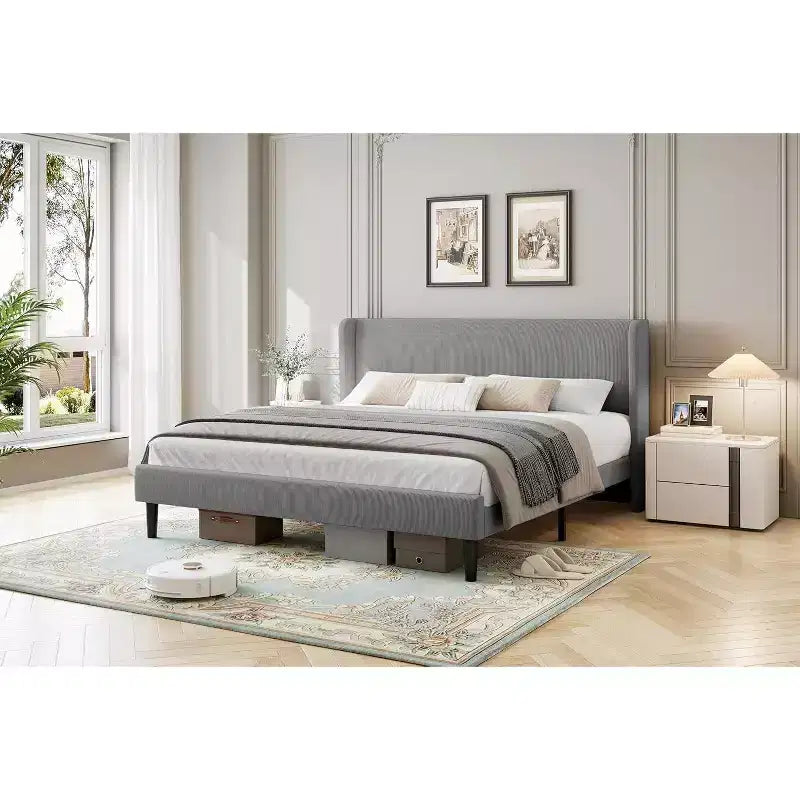 Upholstered King Bed Frame, Velvet Platform Bed with Wingback Headboard, Wood Slats Support, No Box Spring Needed, Light Grey