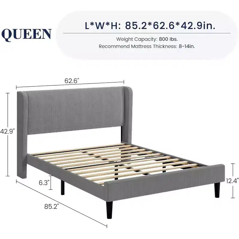 Upholstered King Bed Frame, Velvet Platform Bed with Wingback Headboard, Wood Slats Support, No Box Spring Needed, Light Grey