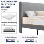 Upholstered King Bed Frame, Velvet Platform Bed with Wingback Headboard, Wood Slats Support, No Box Spring Needed, Light Grey