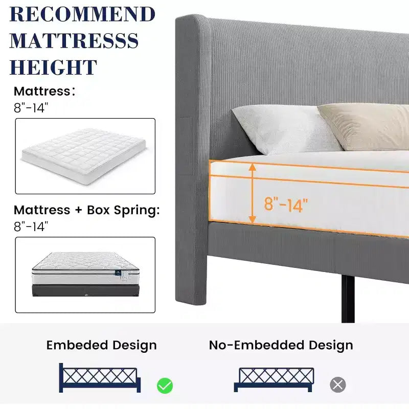 Upholstered King Bed Frame, Velvet Platform Bed with Wingback Headboard, Wood Slats Support, No Box Spring Needed, Light Grey