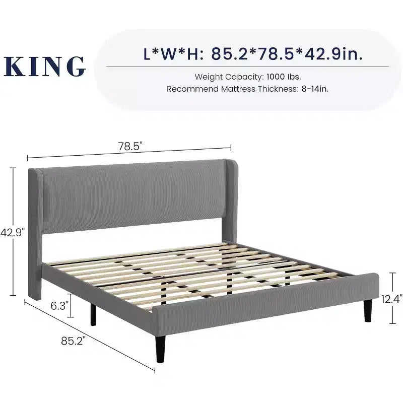 Upholstered King Bed Frame, Velvet Platform Bed with Wingback Headboard, Wood Slats Support, No Box Spring Needed, Light Grey