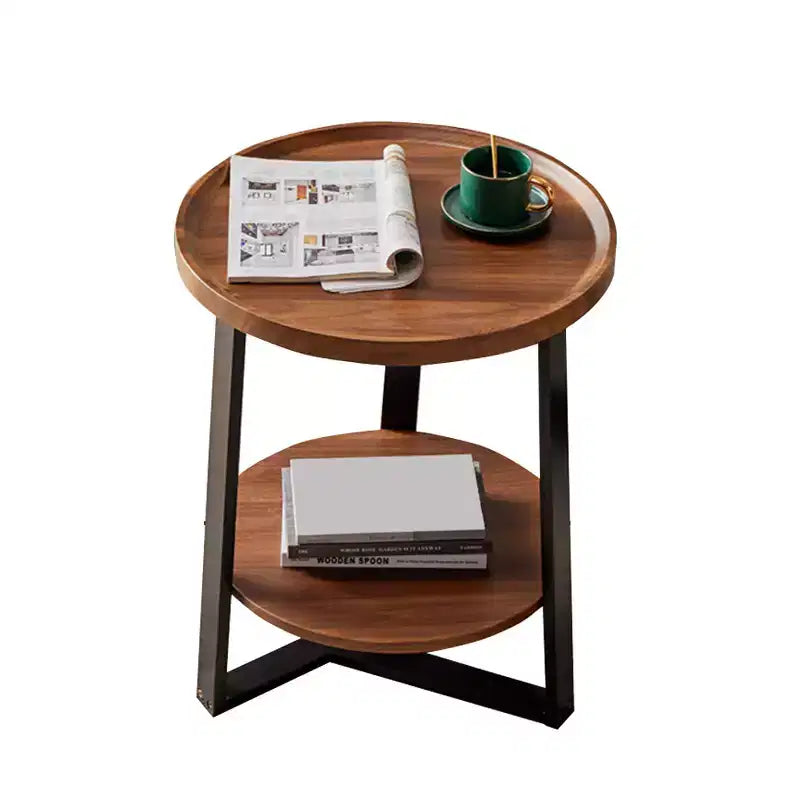 Table d'appoint ronde CuisinSmart, plateau en bois 50 cm et cadre en métal noir, table d'appoint à 2 niveaux pour salon, chambre à coucher