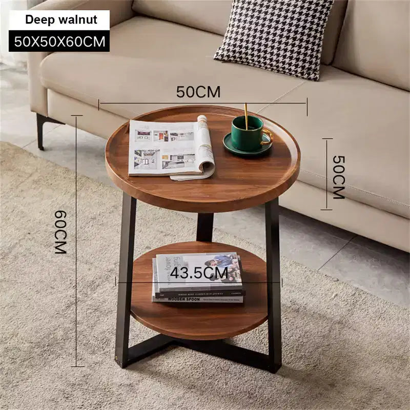 Table d'appoint ronde CuisinSmart, plateau en bois 50 cm et cadre en métal noir, table d'appoint à 2 niveaux pour salon, chambre à coucher