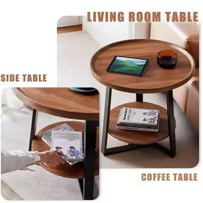 Table d'appoint ronde CuisinSmart, plateau en bois 50 cm et cadre en métal noir, table d'appoint à 2 niveaux pour salon, chambre à coucher