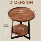 Table d'appoint ronde CuisinSmart, plateau en bois 50 cm et cadre en métal noir, table d'appoint à 2 niveaux pour salon, chambre à coucher