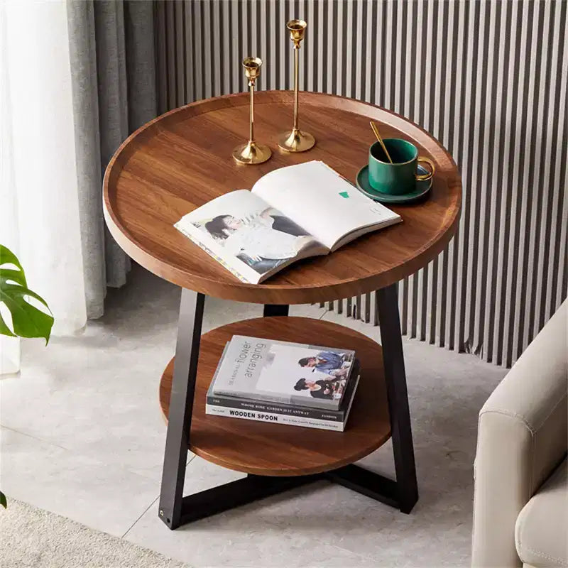 Table d'appoint ronde CuisinSmart, plateau en bois 50 cm et cadre en métal noir, table d'appoint à 2 niveaux pour salon, chambre à coucher