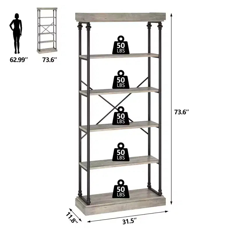 Étagère Industrielle en Bois à 6 Niveaux avec Cadre Métallique, Bibliothèque Rustique Haute, Grande Étagère de Rangement Ouverte pour Chambre à Coucher