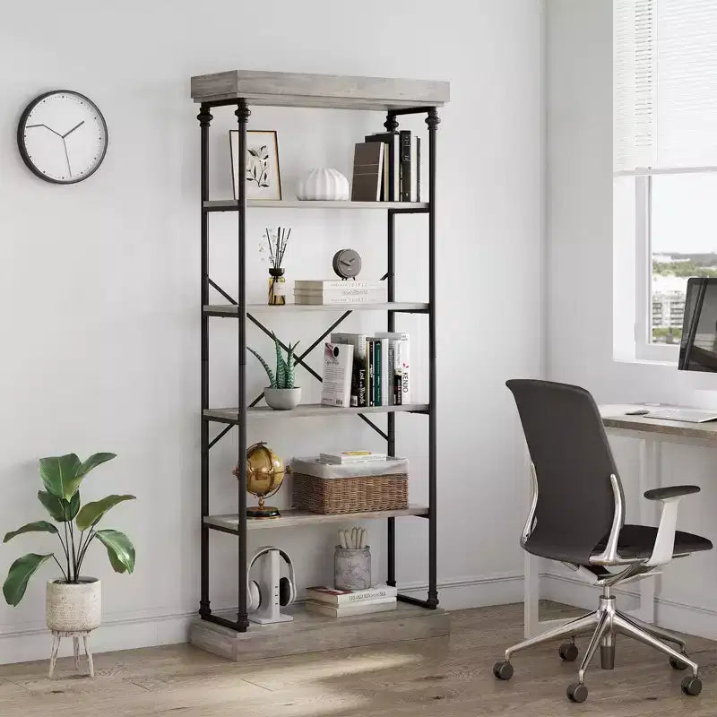 Étagère Industrielle en Bois à 6 Niveaux avec Cadre Métallique, Bibliothèque Rustique Haute, Grande Étagère de Rangement Ouverte pour Chambre à Coucher