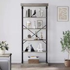 Étagère Industrielle en Bois à 6 Niveaux avec Cadre Métallique, Bibliothèque Rustique Haute, Grande Étagère de Rangement Ouverte pour Chambre à Coucher