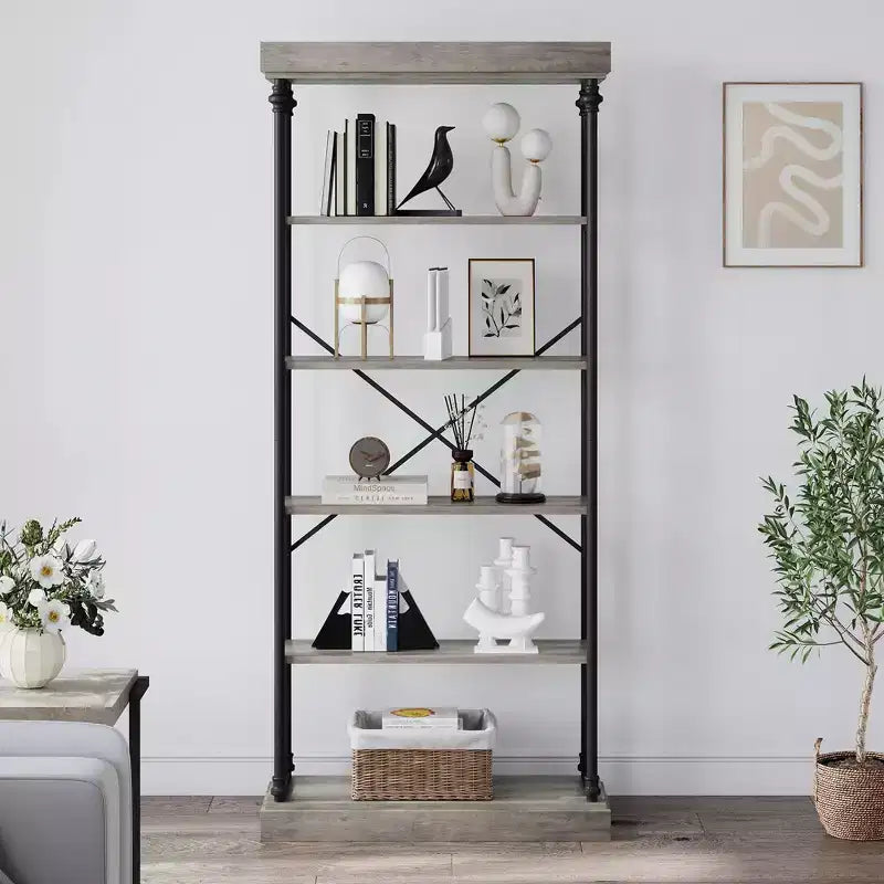 Étagère Industrielle en Bois à 6 Niveaux avec Cadre Métallique, Bibliothèque Rustique Haute, Grande Étagère de Rangement Ouverte pour Chambre à Coucher
