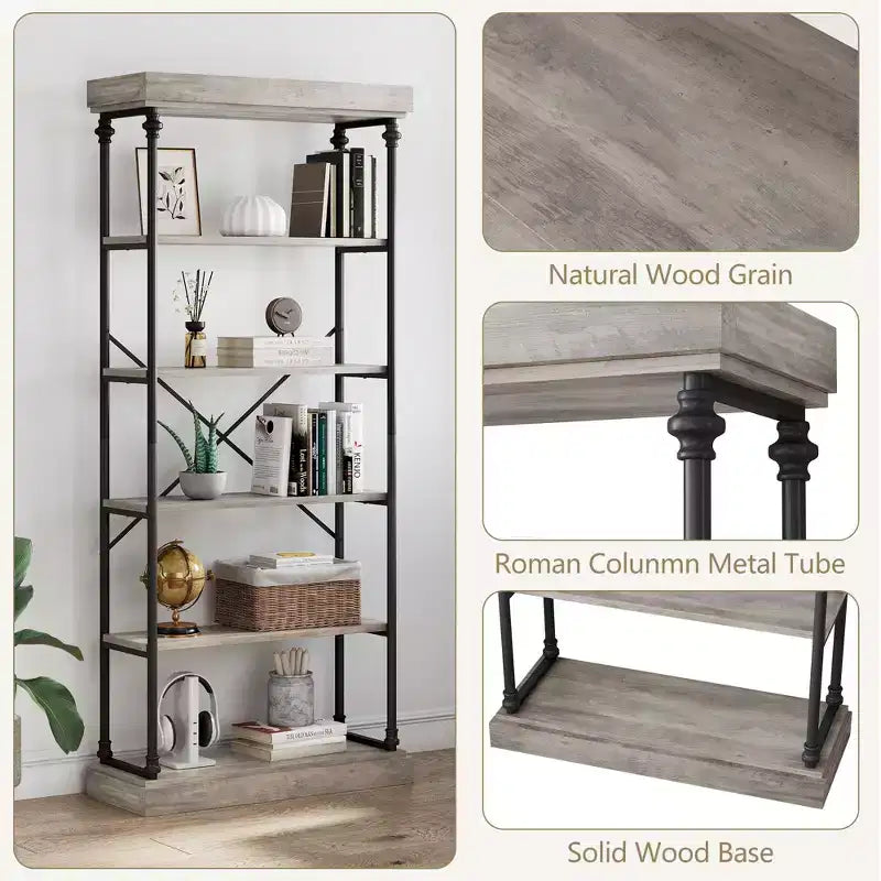 Étagère Industrielle en Bois à 6 Niveaux avec Cadre Métallique, Bibliothèque Rustique Haute, Grande Étagère de Rangement Ouverte pour Chambre à Coucher