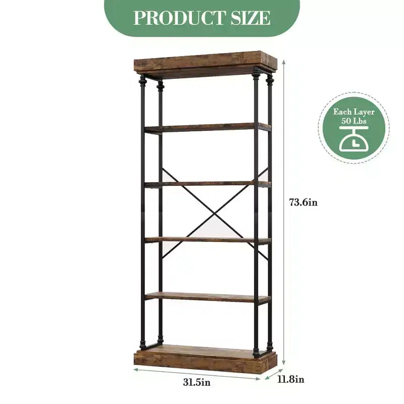 Étagère Industrielle en Bois à 6 Niveaux avec Cadre Métallique, Bibliothèque Rustique Haute, Grande Étagère de Rangement Ouverte pour Chambre à Coucher