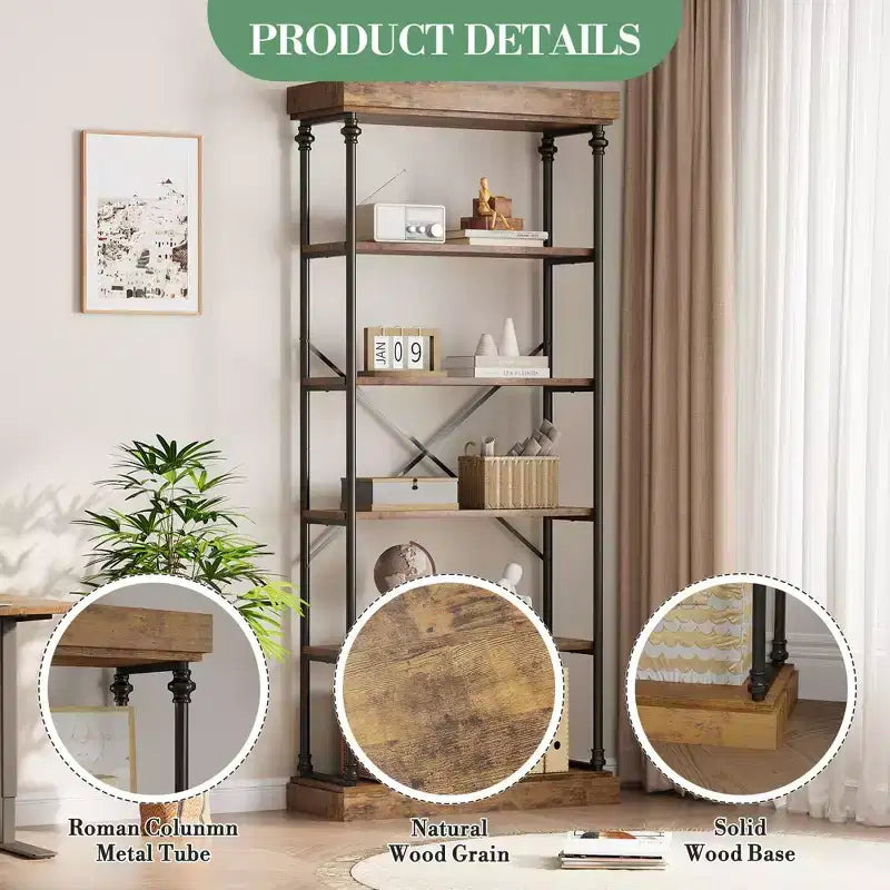 Étagère Industrielle en Bois à 6 Niveaux avec Cadre Métallique, Bibliothèque Rustique Haute, Grande Étagère de Rangement Ouverte pour Chambre à Coucher