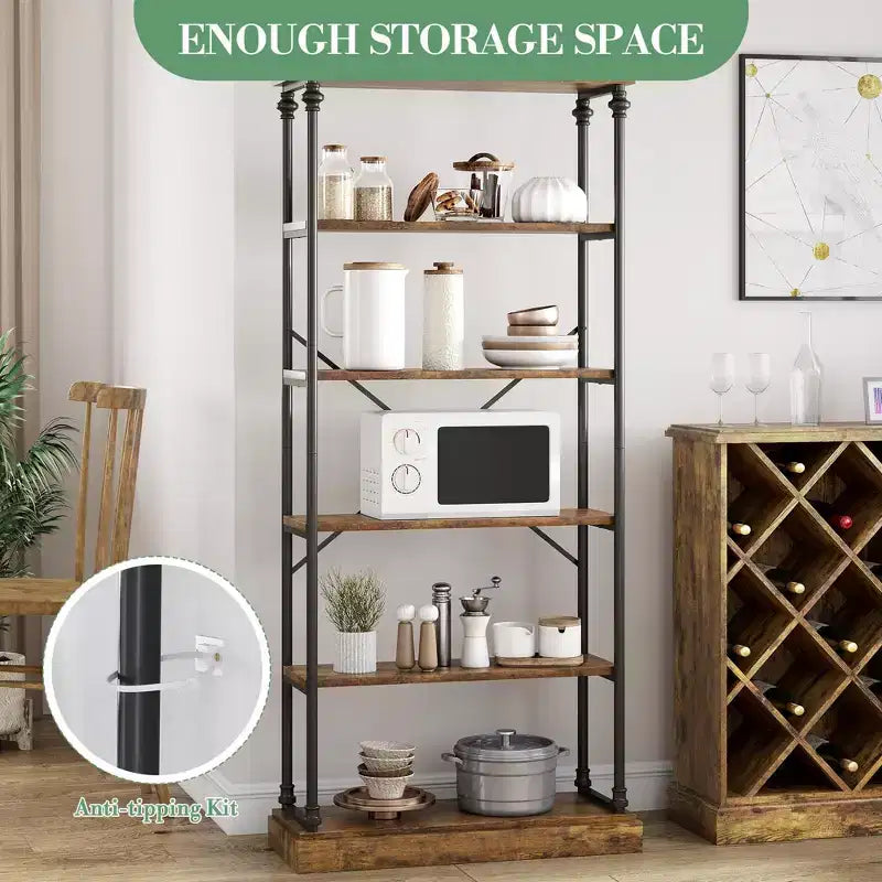 Étagère Industrielle en Bois à 6 Niveaux avec Cadre Métallique, Bibliothèque Rustique Haute, Grande Étagère de Rangement Ouverte pour Chambre à Coucher
