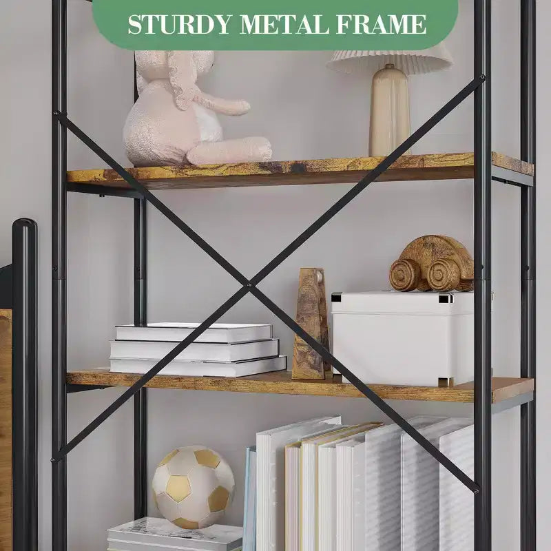 Étagère Industrielle en Bois à 6 Niveaux avec Cadre Métallique, Bibliothèque Rustique Haute, Grande Étagère de Rangement Ouverte pour Chambre à Coucher