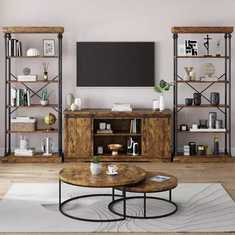 Étagère Industrielle en Bois à 6 Niveaux avec Cadre Métallique, Bibliothèque Rustique Haute, Grande Étagère de Rangement Ouverte pour Chambre à Coucher