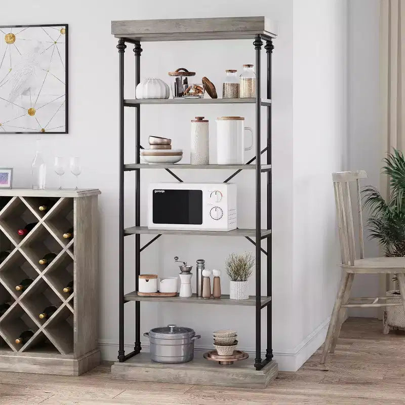 Étagère Industrielle en Bois à 6 Niveaux avec Cadre Métallique, Bibliothèque Rustique Haute, Grande Étagère de Rangement Ouverte pour Chambre à Coucher