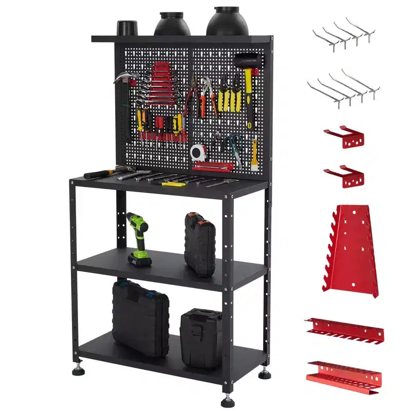 Workbench with Pegboard, Desktop Capicity , Heavy-Duty Steel Garage Workbench- with Hanging Kits and Storage Shelves, for Workshop, Garage
