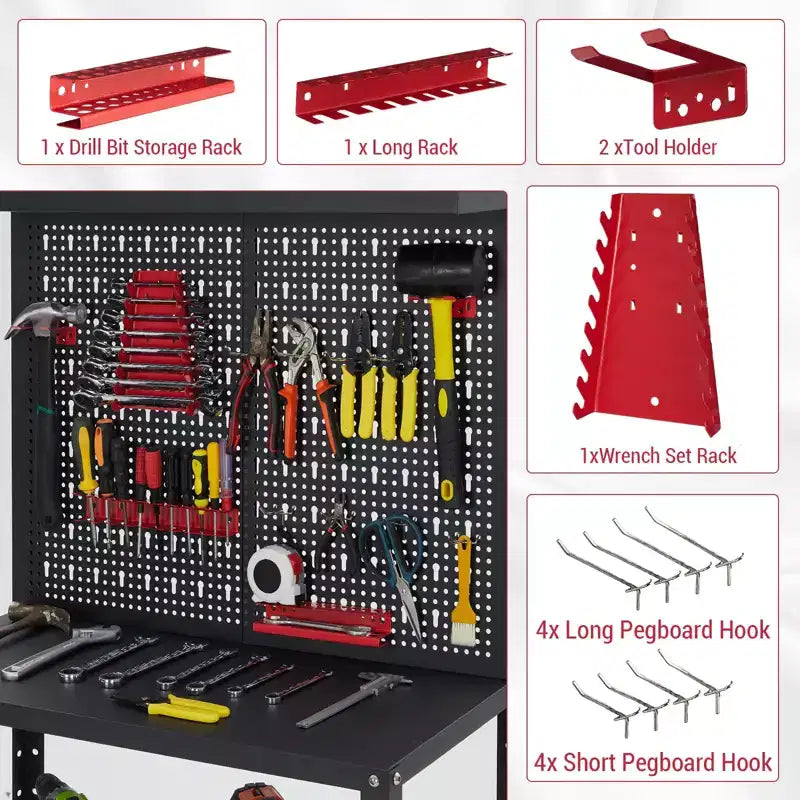 Workbench with Pegboard, Desktop Capicity , Heavy-Duty Steel Garage Workbench- with Hanging Kits and Storage Shelves, for Workshop, Garage
