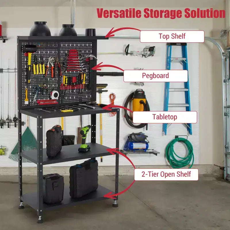 Workbench with Pegboard, Desktop Capicity , Heavy-Duty Steel Garage Workbench- with Hanging Kits and Storage Shelves, for Workshop, Garage
